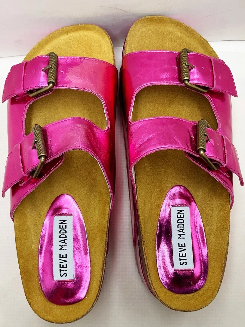 🆕{Steve Madden} Kali-J Distressed Metallic Pink Platform Slide Sandals